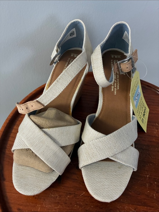 Toms Shoes - Toms Cream Crossed-Strap Wedge Sandals with Tan Buckle